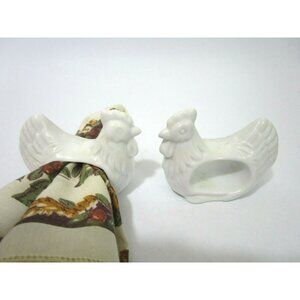 Rooster Hen Napkin Ring Holders White Porcelain Ceramic Set of 2 Countrycore